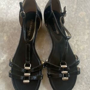 Enzo Angiolini Black Patent T-Strap Sandals with Silver Hardware